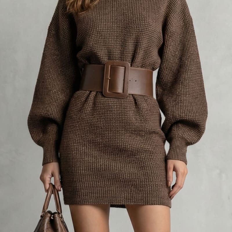 Beatrice | Brown Checked Knit Mini Dress