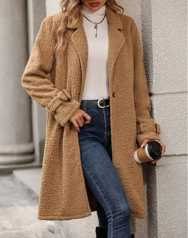 Hattie | Camel Fleece Teddy Coat with Buttons