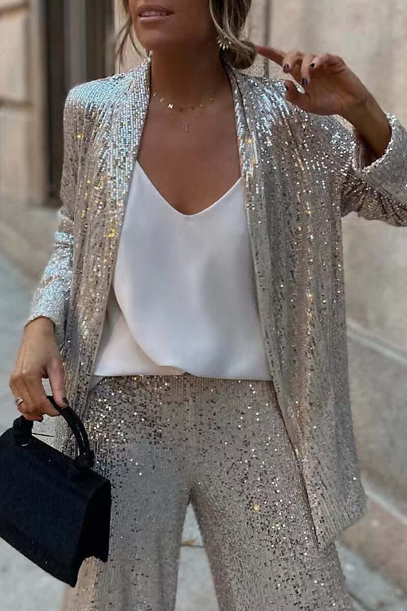 Rosie | Co-Ord Set Sequin V-Neck Blazer Wide Leg