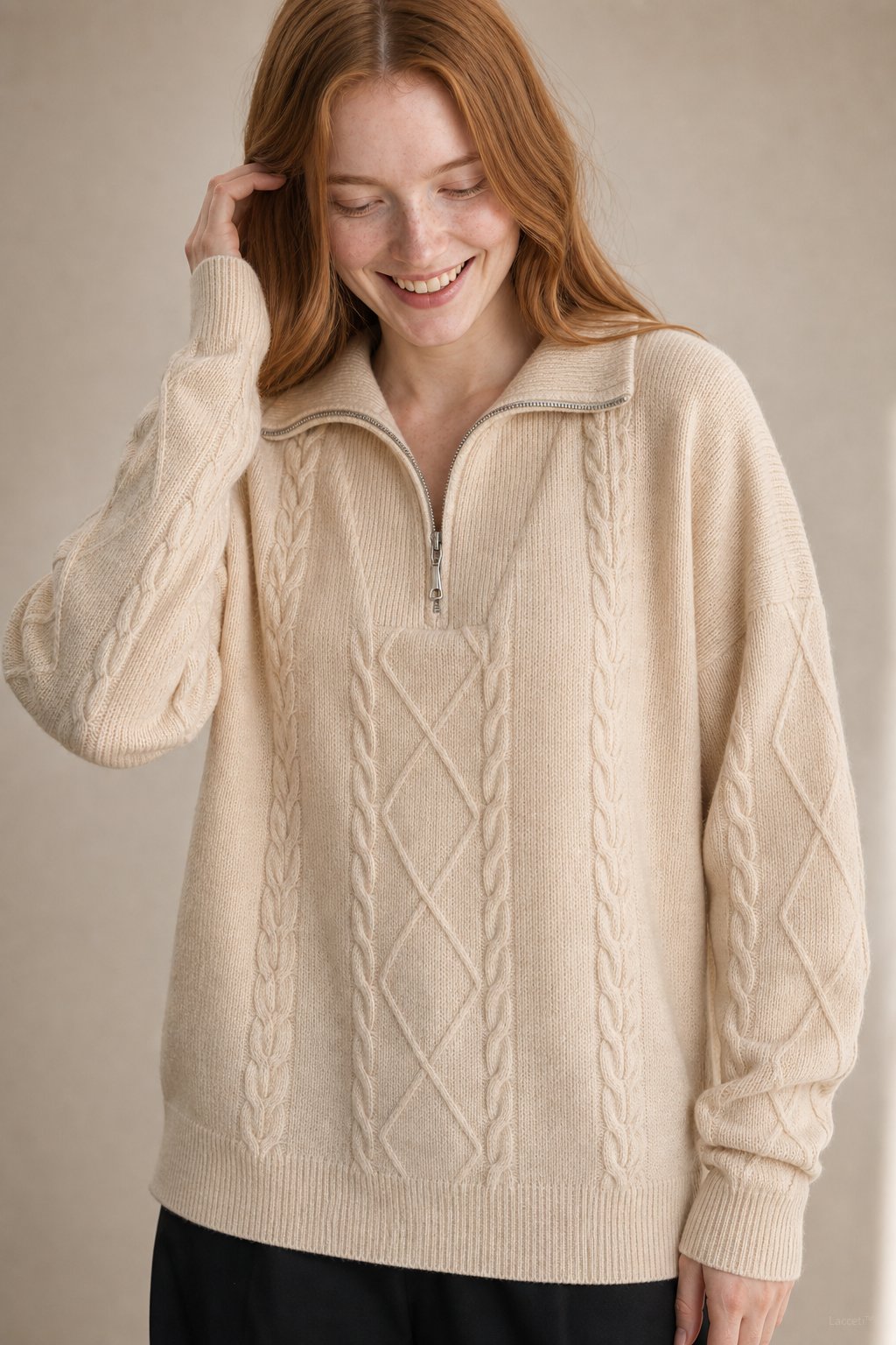 Daisy | Cable Knit Quarter Zip Relaxed Sweater