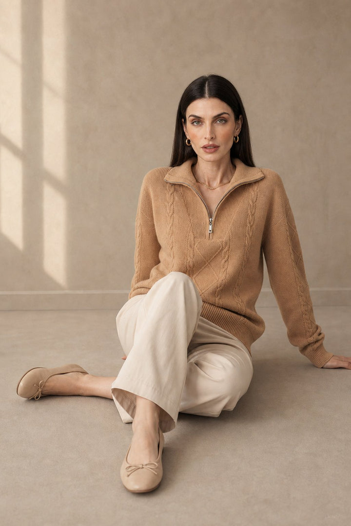 Daisy | Cable Knit Quarter Zip Relaxed Sweater