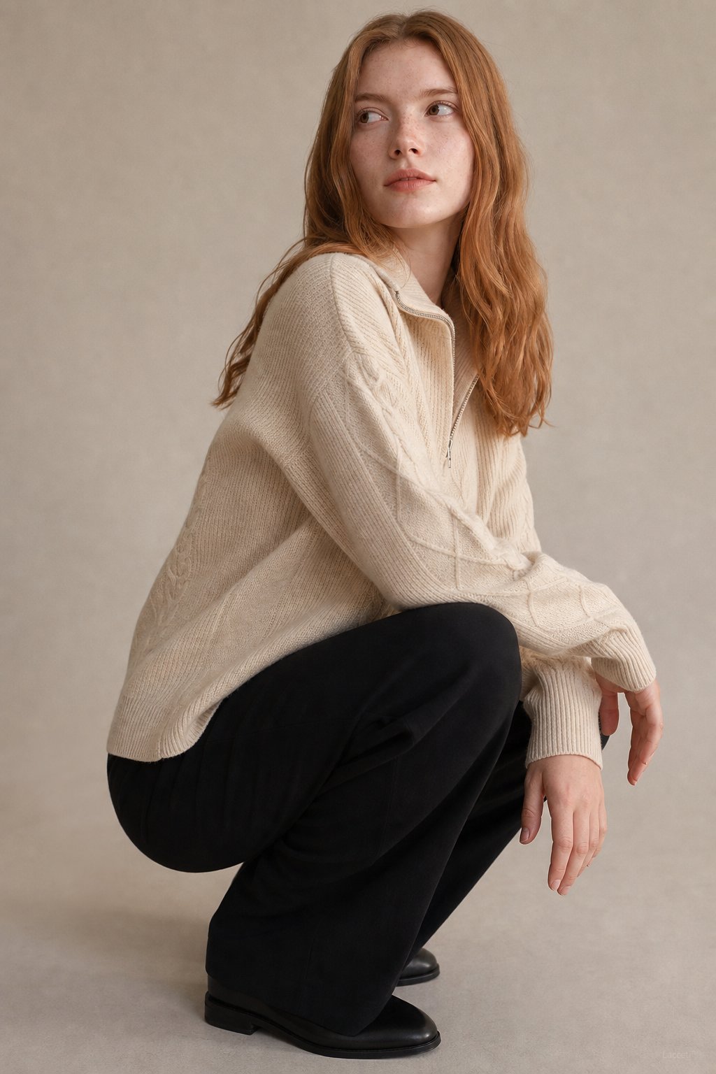 Daisy | Cable Knit Quarter Zip Relaxed Sweater
