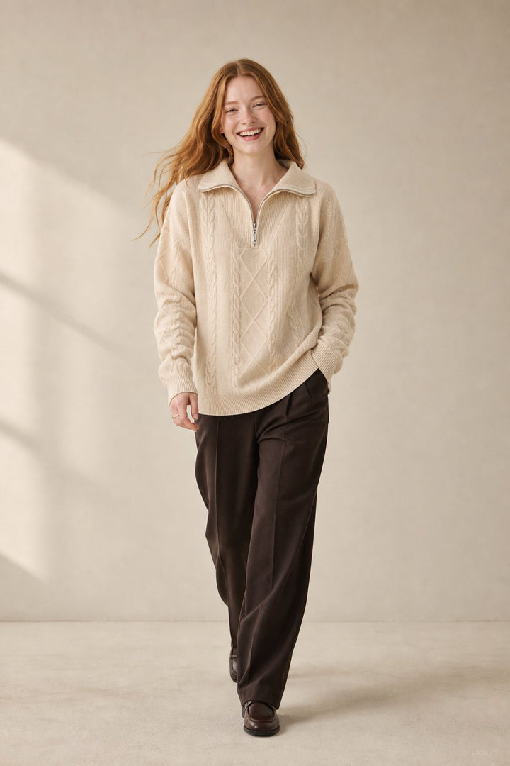 Daisy | Cable Knit Quarter Zip Relaxed Sweater