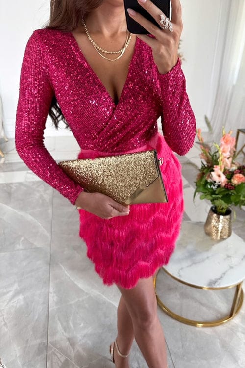 Matilda | Sequin Mini Dress Long Sleeve Wrap Front Fringe Skirt