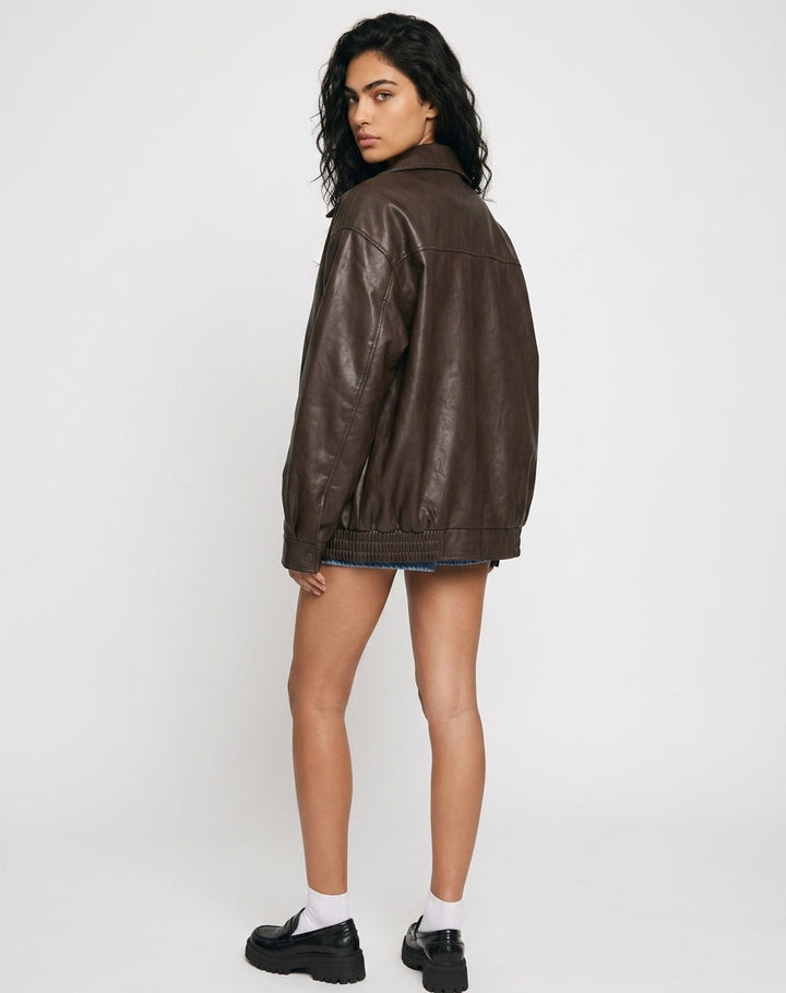 Amelia | Oversized Leather Bomber Zip Jacket