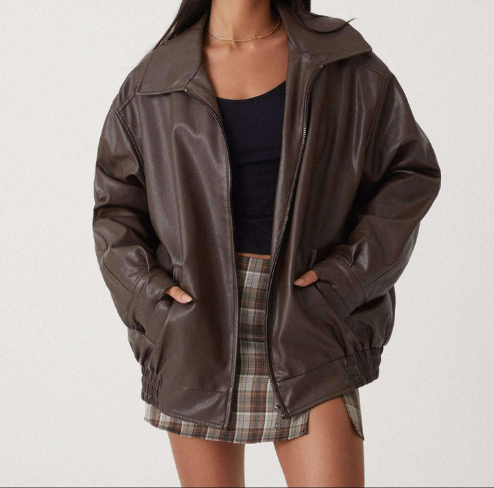 Amelia | Oversized Leather Bomber Zip Jacket