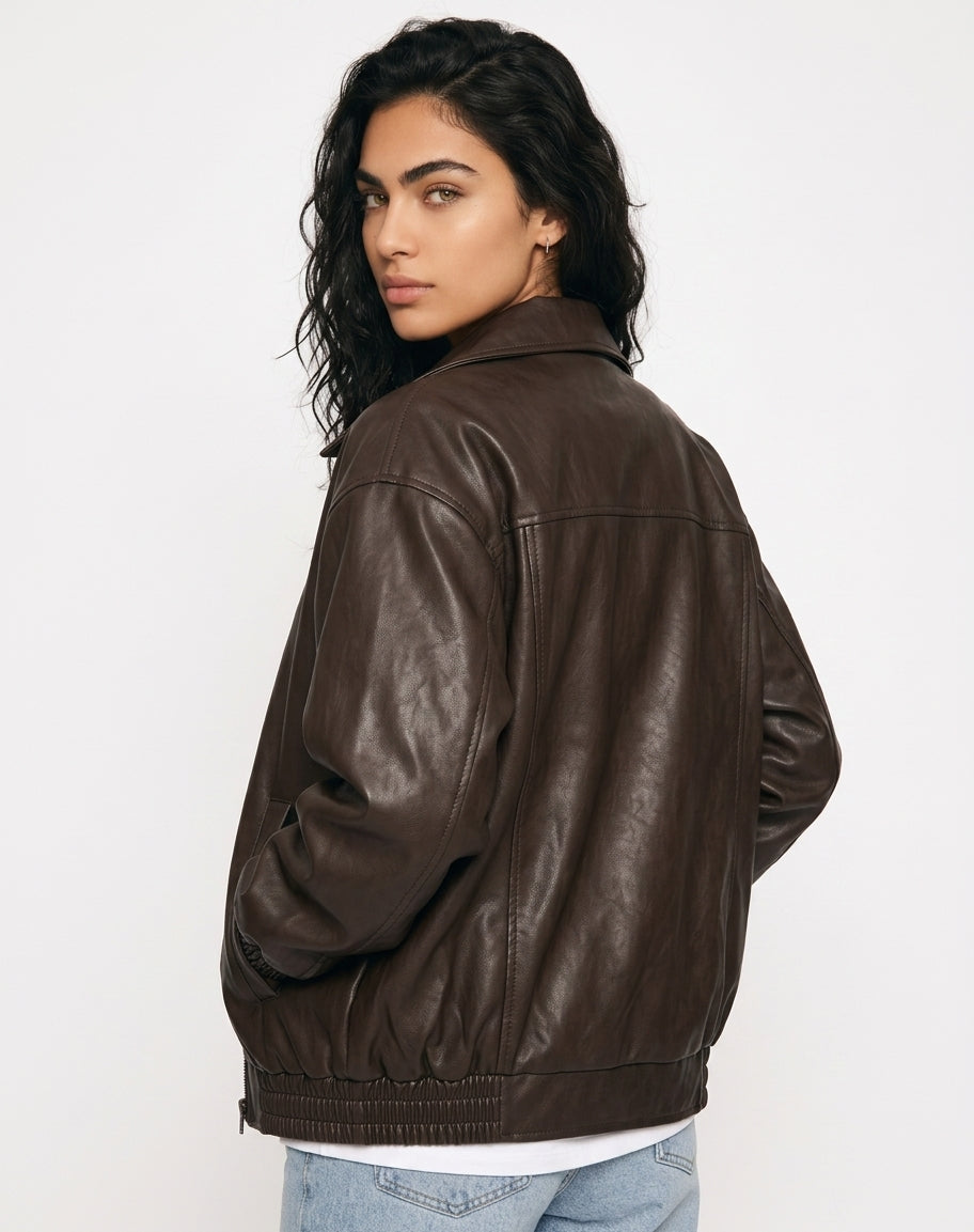 Amelia | Oversized Leather Bomber Zip Jacket