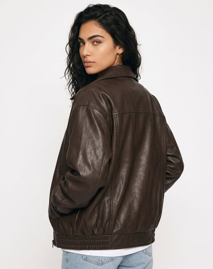 Amelia | Oversized Leather Bomber Zip Jacket