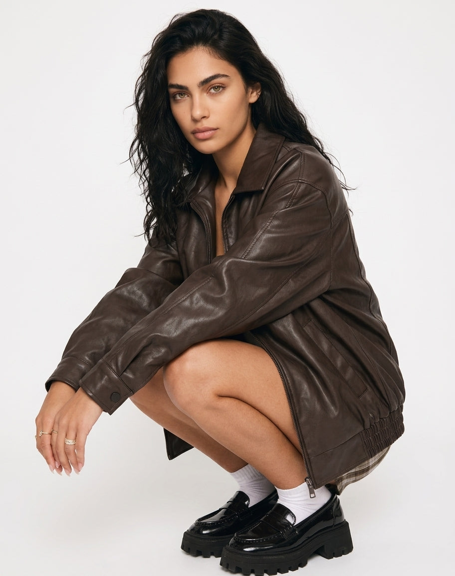 Amelia | Oversized Leather Bomber Zip Jacket
