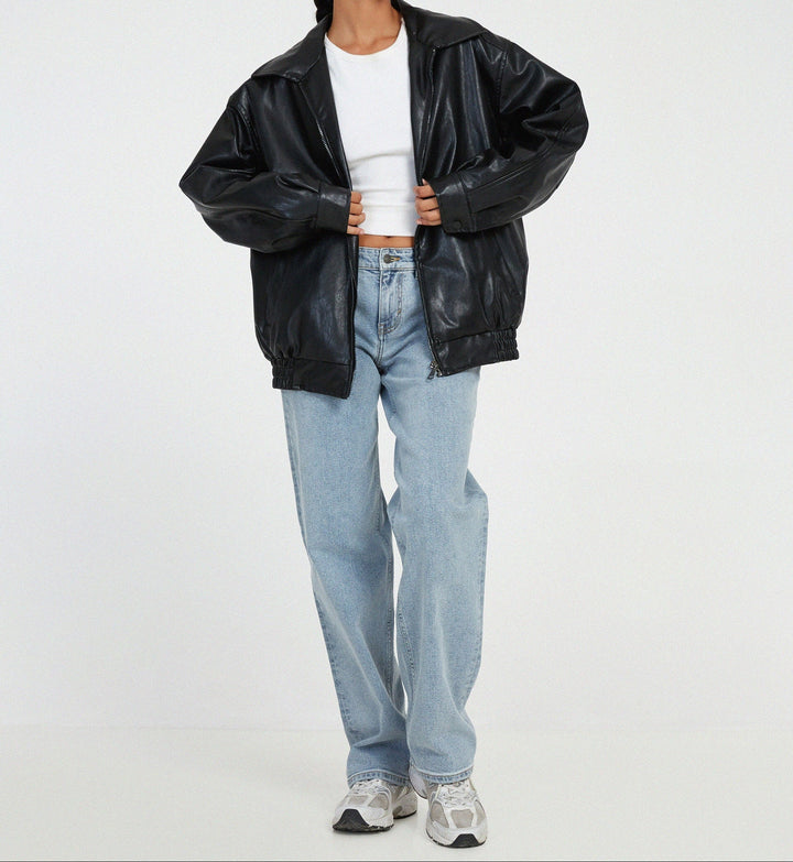 Amelia | Oversized Leather Bomber Zip Jacket