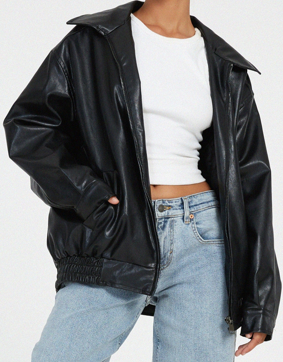 Amelia | Oversized Leather Bomber Zip Jacket