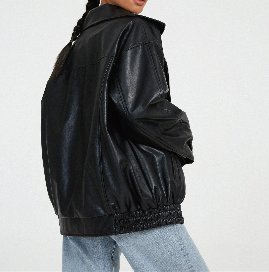 Amelia | Oversized Leather Bomber Zip Jacket