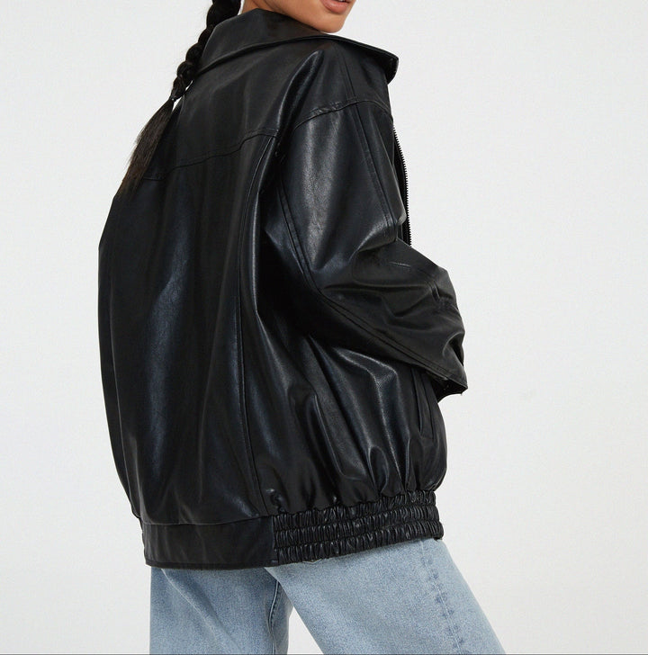 Amelia | Oversized Leather Bomber Zip Jacket