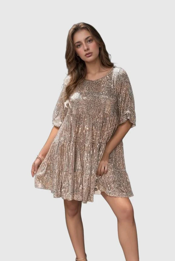 Clemmie | Sequin Mini Dress Tiered Skirt Short Puffed Sleeve