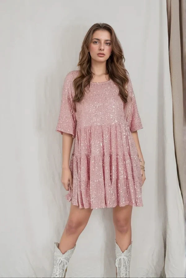 Clemmie | Sequin Mini Dress Tiered Skirt Short Puffed Sleeve