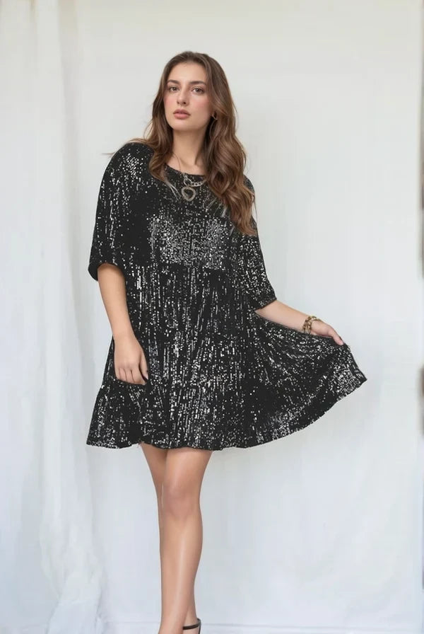 Clemmie | Sequin Mini Dress Tiered Skirt Short Puffed Sleeve