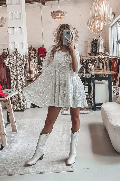 Clemmie | Sequin Mini Dress Tiered Skirt Short Puffed Sleeve
