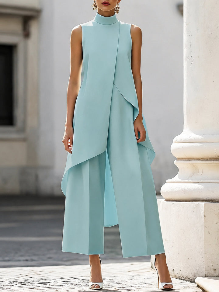 Sophia | Mock Neck Wide-Leg Jumpsuit with Asymmetrical Overlay