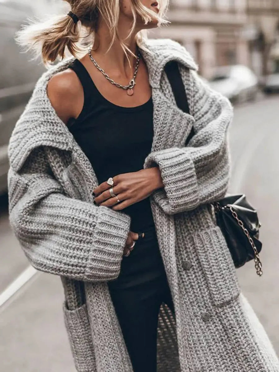 Hattie | Oversized Knit Cardigan Collared Button Front Pockets